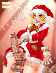 1futa bar_censor blonde_hair blue_eyes blush bottomless breasts censored christmas covered_erect_nipples cum cum_on_body ejaculation erection from_below full-package_futanari futanari handsfree_ejaculation huge_breasts huge_penis large_breasts large_penis long_hair no_bra no_panties open_clothes open_mouth open_shirt penis penis_ribbon plump pointless_censoring precum pubic_hair ribbon sannengumi_kinpenisensei santa_costume shirt smile solo sweat testicles thick_thighs thighs veins veiny_penis