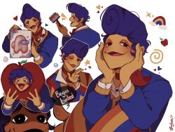 1boy among_us blue_hair colored_skin crewmate_(among_us) looking_at_viewer male_focus mishwell multicolored_pants pants phone pompadour shaded_face solo wally_darling welcome_home_(arg) yellow_skin