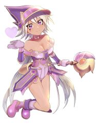 1girl apprentice_illusion_magician bare_shoulders boots breasts cane cleavage closed_mouth collarbone detached_collar duel_monster hat heart highres holding holding_cane medium_breasts pinyata_(pinyaland) purple_boots purple_eyes short_hair simple_background smile solo thighs white_background white_hair witch witch_hat yu-gi-oh!