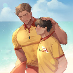 Rule 34 | 2boys, black hair, blush, brown hair, closed mouth, cloud, couple, day, closed eyes, hand on another&#039;s head, headpat, higashigunkan, large pectorals, lifeguard, male focus, multiple boys, muscular, muscular male, open mouth, original, outdoors, pectorals, red shirt, shirt, short hair, sky, smile, summer, two-tone shirt, upper body, whistle, yaoi, yellow shirt