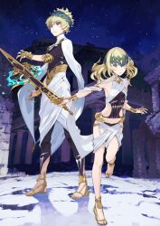 1boy 1girl alpha_castor ancient_greek_clothes armor beta_pollux black_leggings black_panties black_shirt blonde_hair blue_sky breasts brother_and_sister cape castor_(fate) closed_mouth clothing_cutout expressionless fate/grand_order fate_(series) floating floating_hair floating_object floating_weapon full_body game_cg gold_armlet gold_armor gold_belt gold_bracer gold_sandals greco-roman_clothes halterneck head_wreath holding holding_sword holding_weapon laurel_crown leg_up leggings long_hair looking_at_viewer midriff_peek night night_sky official_art outstretched_arm outstretched_arms panties pollux_(fate) sandals shawl shield shirt short_hair siblings side_cutout sidelocks skirt sky small_breasts standing standing_on_one_leg star_(sky) starry_sky sword taiki_(luster) third-party_source three-quarter_sleeves toes turtleneck twins underwear variant_set weapon white_cape white_shawl white_skirt