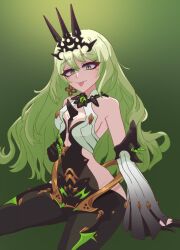1girl adapted_costume black_bodysuit black_gloves black_tiara bodysuit breasts commentary desnvz detached_sleeves earrings gloves green_background grey_hair highres honkai_(series) honkai_impact_3rd jewelry long_hair mobius_(honkai_impact) slit_pupils small_breasts solo spikes tiara tongue tongue_out very_long_hair