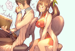 1boy 1girl arakune arc_system_works belt black_hair blazblue book breasts china_dress chinese_clothes cleavage cup dress drinking glasses ichihashi_makoto lab_coat lao_jiu large_breasts litchi_faye_ling long_hair lotte_carmine mug panda pants ponytail red-framed_eyewear semi-rimless_eyewear under-rim_eyewear very_long_hair white_background