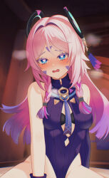 1girl bare_shoulders black_leotard blue_eyes blush braid breasts citlali_(genshin_impact) commentary ewaaawa facial_mark forehead_mark genshin_impact hair_ornament heart heart-shaped_pupils highleg highleg_leotard highres leotard long_hair looking_at_viewer medium_breasts multicolored_hair nose_blush paid_reward_available peanut_mouth pink_hair purple_hair sleeveless_turtleneck_leotard solo symbol-shaped_pupils triangle triangle_facial_mark twin_braids very_long_hair