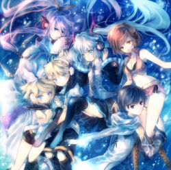 2boys 4girls aqua_eyes aqua_hair bad_id bad_pixiv_id bare_shoulders blonde_hair blue_eyes blue_scarf boots bra breasts brown_eyes brown_hair cleavage coat crop_top detached_sleeves floating hair_ornament hairclip hand_fan hatsune_miku headphones holding_hands kagamine_len kagamine_rin kaito_(vocaloid) kamui_gakupo lace-up_boots lingerie long_hair medium_breasts meiko_(vocaloid) midriff miniskirt multiple_boys multiple_girls navel onineko purple_hair scarf short_shorts shorts skirt thighhighs twintails underwear vest vocaloid zettai_ryouiki