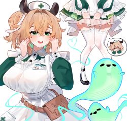 1girl absurdres animal_ears apron blonde_hair clulless contrast_collar dress garter_straps green_dress green_eyes hair_between_eyes hat highres indie_virtual_youtuber knees_together_feet_apart lace lace-trimmed_legwear lace-trimmed_thighhighs lace_trim name_tag naplings_(nimi_nightmare) nimi_nightmare nurse nurse_cap one_side_up round_collar rounded_collar sleeve_slit solo tapir_ears tapir_girl thighhighs virtual_youtuber waist_bag white_apron