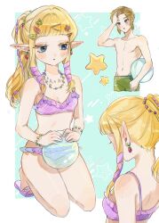 1boy 1girl alternate_costume aqua_background ball bead_necklace beads bikini blonde_hair blue_eyes blunt_bangs border bracelet breasts cleavage commentary_request didi_en_ilu earrings frilled_bikini frills green_male_swimwear highres holding holding_ball jewelry kneeling korean_commentary light_smile link long_hair male_swimwear nape navel necklace nintendo outside_border parted_lips pink_bikini pink_sandals pointy_ears ponytail princess_zelda sandals sidelocks small_breasts swimsuit the_legend_of_zelda the_legend_of_zelda:_skyward_sword topless_male white_border