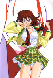 Rule 34 | 1000blade, 1girl, blazer, blood, blue eyes, breasts, character request, female focus, jacket, kimura takahiro, long sleeves, medium breasts, nipples, panties, plaid clothes, plaid skirt, red hair, skirt, solo, underwear, white panties