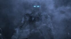 1boy blue_eyes building destruction dust giant glowing glowing_eyes looking_at_viewer looking_down mecha night no_humans no_pupils platinumgames project_g.g. robot rubble silhouette superhero_costume teaser