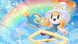 1girl absurdres blue_dress blue_sky connie_(mario) dress highres holding holding_watering_can light_blush mario_&amp;_luigi:_brothership mario_&amp;_luigi_rpg mario_(series) megitti nintendo rainbow signature sky smile solid_oval_eyes solo sparkle watering_can