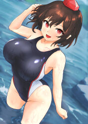 Rule 34 | 1girl, black one-piece swimsuit, breasts, brown eyes, competition swimsuit, dutch angle, from above, hat, highres, hinben, large breasts, looking at viewer, multicolored swimsuit, one-piece swimsuit, red hair, red hat, shameimaru aya, smile, solo, standing, swimsuit, tokin hat, touhou, wading, water