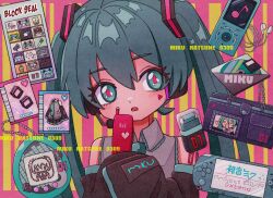 1girl 39 black_rock_shooter blue_eyes blue_hair blush cd cellphone character_name digital_media_player facial_mark flip_phone hachune_miku handheld_game_console hands_up hatsune_miku hawkbrdg heart heart_facial_mark highres holding holding_phone ievan_polkka_(vocaloid) karakuri_pierrot_(vocaloid) koi_wa_sensou_(vocaloid) long_hair looking_at_viewer matryoshka_(vocaloid) miku_day miku_miku_ni_shite_ageru_(vocaloid) open_mouth phone playstation_portable poppippoo_(vocaloid) project_diva_(series) project_diva_extend rolling_girl_(vocaloid) senbonzakura_(vocaloid) shinkai_shoujo_(vocaloid) striped_background hatsune_miku_(supreme) tamagotchi tamagotchi_(virtual_pet) twintails very_long_hair vocaloid wallet world_is_mine_(vocaloid)