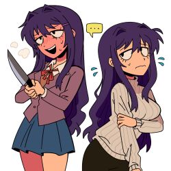 Rule 34 | ..., 1girl, alternate costume, arm under breasts, blush, doki doki literature club, doki doki literature club school uniform, flying sweatdrops, hair intakes, highres, holding, holding knife, holding own arm, knife, long hair, marreeps, multiple views, pleated skirt, purple hair, ribbed sweater, school uniform, skirt, smile, spoken ellipsis, sweater, upper body, wavy hair, white background, yuri (doki doki literature club)