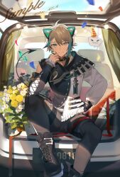 1boy absurdres ameinu animal_ear_headphones animal_ears asymmetrical_sleeves blue_hair boots brown_hair cat_ears choker collar confetti curtains demon_tail detached_sleeves fake_animal_ears flower gloves green_eyes hair_between_eyes hand_on_own_hip hand_up headphones heterochromia highres jewelry lace-up_boots long_sleeves looking_at_viewer male_focus multicolored_hair original pants red_eyes short_hair sitting smile solo streaked_hair tail two-tone_hair virtual_youtuber white_flower window yellow_flower
