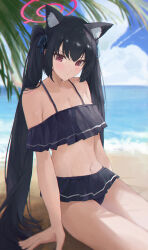 1girl absurdres animal_ear_fluff animal_ears bare_shoulders beach bikini bikini_skirt black_bikini black_hair blue_archive blue_ribbon blue_sky cat_ears closed_mouth cloud commentary_request cowboy_shot day extra_ears frilled_bikini frills hair_ribbon halo highres jianjia long_hair looking_at_viewer navel ocean official_alternate_costume on_ground outdoors palm_tree pink_halo red_eyes ribbon sand serika_(blue_archive) serika_(swimsuit)_(blue_archive) sitting sky solo sunlight swimsuit tree twintails very_long_hair water
