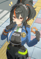 1girl absurdres black_gloves black_hair blue_jacket blush breasts checkered_necktie commentary_request donut eating food food_on_face from_above gloves hairband high-waist_pants highres holding holding_donut holding_food holster jacket large_breasts looking_at_viewer metal_hairband multicolored_hair necktie notice_lines outdoors pants police police_badge police_uniform policewoman ponytail red_hair shoulder_holster streaked_hair tifuibe tight_clothes tight_pants zenless_zone_zero zhu_yuan