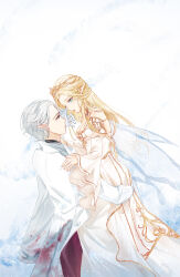 1boy 1girl absurdres bare_shoulders black_jacket black_pants blonde_hair blood blood_on_clothes blue_wings breasts chinese_commentary cleavage coat coat_partially_removed collared_coat commentary_request confeitoo cowboy_shot detached_sleeves diamond_earrings dress dress_pants earrings elf eye_contact fairy_wings forehead from_side gloves gold_tiara gown grey_eyes hand_on_another&#039;s_face hand_on_another&#039;s_shoulder highres hug jacket jewelry juliet_sleeves large_breasts light_blush light_particles long_dress long_hair long_sleeves looking_at_another mercury_(shining_nikki) mother_and_son nail_polish nikki_(series) open_mouth ophelia_(shining_nikki) pants pink_nails pointy_ears puffy_sleeves shining_nikki short_hair sidelocks strapless strapless_dress thick_eyebrows tiara very_long_hair white_background white_coat white_dress white_gloves white_hair white_sleeves wings