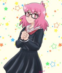Rule 34 | 1girl, black-framed eyewear, black dress, black serafuku, black shirt, black skirt, boku no hero academia, dress, haneyama kazuho, highres, long sleeves, looking at viewer, neckerchief, own hands together, pink hair, red neckerchief, red trim, sailor collar, school uniform, serafuku, shirt, skirt, smile, solo, star (symbol), user yzhu4274, vigilante -boku no hero academia: illegals-, white sailor collar, yellow background