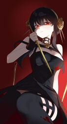 1girl absurdres bare_arms bare_shoulders black_dress black_hair black_thighhighs blood blood_on_clothes blood_splatter breasts commentary dress earrings hair_between_eyes hairband highres holding holding_weapon jewelry large_breasts long_hair looking_at_viewer red_eyes sidelocks smile solo spy_x_family thighhighs wako_(1194433260) weapon yellow_hairband yor_briar