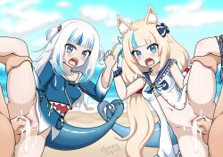 2boys 2girls absurdres animal_ears beach blonde_hair breasts cat_ears cum cum_in_pussy exhibitionism female_focus fins fish fish_girl fish_tail fishgirl gawr_gura group_sex highres hololive hololive_english hololive_myth long_hair multiple_boys multiple_girls ocean penis public_indecency public_nudity pussy sameko_saba sex shark shark_tail sharp_teeth small_breasts tail teeth vampy_squid virtual_youtuber white_hair