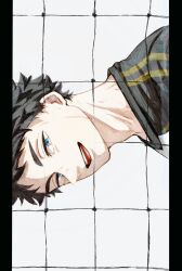 1boy akaashi_keiji black_hair blue_eyes fukurodani_volleyball_uniform haikyuu!! highres ilst_prac_hq looking_at_viewer male_focus nose open_mouth pillarboxed shirt short_hair sideways simple_background solo sportswear teeth tongue volleyball_net volleyball_uniform white_background