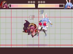 2girls animated barrel black_footwear black_jacket blue_hair boxing_gloves braid carrot_hair_ornament cutlass eyepatch fighting fighting_game fighting_stance firing food-themed_hair_ornament fur-trimmed_jacket fur_trim game grin gun hair_ornament handgun health_bar high_heels holding holding_gun holding_weapon hololive houshou_marine jacket medium_hair multicolored_hair multiple_girls musical_note pantyhose pixel_art pleated_skirt pop-up_pirate rabbit_girl red_eyes red_hair red_skirt sakuemon skirt smile streaked_hair tearing_up thighhighs twin_braids usada_pekora usada_pekora_(1st_costume) video virtual_youtuber weapon white_footwear white_hair white_jacket