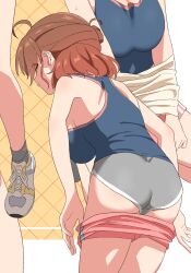 Rule 34 | 1girl, ahoge, ass, back, bare shoulders, bent over, breasts, buruma, butt crack, cropped, gakuen idolmaster, grey buruma, grey socks, hair bun, hanami ume, highres, idolmaster, large breasts, pink shorts, shade, shirt, shoes, shorts, sincos, single side bun, sitting, socks, solo, standing, tank top, undressing, white shirt, white shoes