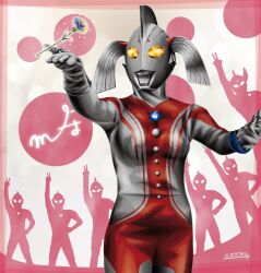 Rule 34 | 1girl, 6+boys, alien, arm up, artist name, buttons, carnation, color timer, colored skin, commentary, compound eyes, cowboy shot, dorsal fin, dotted background, flower, gloves, glowing, glowing eyes, highres, jewelry, kaette kita ultraman, legs together, light particles, looking ahead, mother&#039;s day, mother of ultra, multicolored skin, multiple boys, pink background, red skin, short twintails, silhouette, silver gloves, silver skin, solo focus, standing, tokusatsu, twintails, two-tone skin, ultra series, ultra sign, ultraman, ultraman (1st series), ultraman ace, ultraman ace (series), ultraman jack, ultraman tarou, ultraman tarou (series), ultraseven, ultraseven (series), ultrataku, unworn bracelet, v, wrinkled skin, yellow eyes, zoffy (ultra series)
