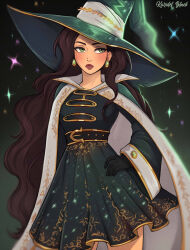 Rule 34 | 1girl, artist name, black gloves, cape, closed mouth, cowboy shot, dress, emma torres, gloves, green eyes, hat, highres, kuridel black, long hair, long sleeves, looking to the side, royalty witches, solo, spanish commentary, sparkle, very long hair, wavy hair, witch hat