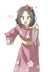 1girl absurdres blush bow brown_eyes commentary ebizuka_tomo english_commentary fang girls_band_cry grey_hair hair_bow hairband highres japanese_clothes kimono ltv1119 mixed-language_commentary open_mouth pink_kimono pointing red_bow red_hairband short_hair skin_fang solo