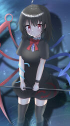 1girl absurdres ahoge asymmetrical_wings black_dress black_hair black_thighhighs blue_wings bow bowtie commentary_request dress highres holding holding_polearm holding_weapon houjuu_nue hyakuya_iori looking_back open_mouth polearm red_bow red_bowtie red_eyes red_wings short_hair short_sleeves snake_armband solo standing thighhighs touhou weapon wings wristband