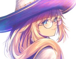 1girl aesc_(fate) aesc_(rain_witch)_(fate) blonde_hair blue_eyes fate/grand_order fate_(series) from_side glasses hat long_hair looking_at_viewer mogu_(moyu) smile white_background witch_hat