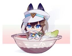 1girl ascot blue_eyes bowl brown_hair cheval_grand_(umamusume) chibi closed_mouth crossed_bangs food food_in_mouth hat hat_belt in_bowl in_container jacket long_hair multicolored_hair noodles renma_(renma_0503) simple_background solo soup spring_onion steam streaked_hair twitter_username umamusume watermark white_background white_hat white_jacket yellow_ascot