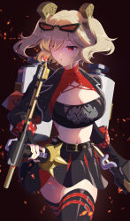 1girl absurdres belt black_background black_belt black_jacket black_skirt black_thighhighs black_tube_top blonde_hair blowing breasts burnice_white cleavage cleavage_cutout clothing_cutout commentary_request cropped_jacket eyewear_on_head fire flamethrower gas_cylinder hair_ornament highres holding holding_flamethrower holding_weapon jacket large_breasts long_hair miniskirt open_clothes open_jacket open_mouth red-tinted_eyewear red_eyes ruaruayana simple_background skirt solo spiked_belt spiked_jacket strapless sunglasses thighhighs thighs tinted_eyewear tube_top two_side_up weapon zenless_zone_zero