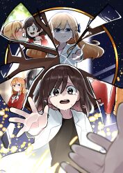 +_+ 2girls absurdres ascot black_shirt blonde_hair blush bow broken_mirror brown_hair casual claire_francois commentary_request ear_blush flying_teardrops formal_clothes full-face_blush hair_between_eyes hair_bow hair_over_one_eye happy_tears highres holding_hands imminent_hand_holding jacket long_hair matarou_(matarou1996) medium_hair mirror multiple_girls multiple_views offering_hand open_mouth pink_shirt pov pov_hands rae_taylor reaching reaching_towards_another red_bow red_jacket school_uniform shirt sky smile star_(sky) starry_sky straight_hair suit tears teeth upper_teeth_only watashi_no_oshi_wa_akuyaku_reijou white_ascot white_suit yuri
