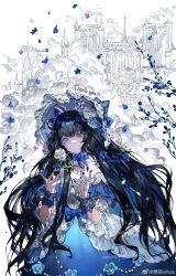 1girl black_hair blue_dress blue_eyes blue_flower blue_rose blunt_bangs bonnet classic_lolita dress european_clothes flower frilled_hairband frills gown hairband highres lace lolita_fashion lolita_hairband long_hair looking_at_viewer original rose skirt solo victorian vihua6 wavy_hair