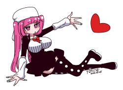 1girl :o alternate_breast_size black_dress bleach blush breasts dokugamine_riruka dress fingernails hanya_(hanya_yashiki) hat heart large_breasts legs_together long_hair looking_at_viewer lying nail_polish on_side pink_eyes pink_hair shiny_skin simple_background solo spoken_heart tsundere twintails v very_long_hair white_background wide_hips