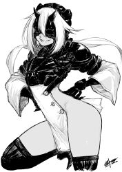 1girl absurdres android armor black_thighhighs claws dark_skin greyscale grin hands_on_own_hips heart_gear highres horned_mask long_hair low_twintails mask monochrome pauldrons pelvic_curtain sharp_teeth shoulder_armor sideless_dress signature simple_background skull_mask smile solo standing standing_on_one_leg takaki_tsuyoshi teeth thighhighs thighs twintails white_background wide_sleeves wraith_(heart_gear)