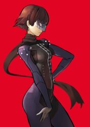 Rule 34 | 1girl, biker clothes, bikesuit, black scarf, bodysuit, braid, chilicayenne2d, cropped legs, crown braid, from side, grey mask, highres, long scarf, niijima makoto, persona, persona 5, queen (persona 5), red background, scarf, short hair, shoulder spikes, simple background, solo, spikes, standing, steel mask