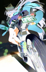Rule 34 | 2girls, absurdres, animal ear fluff, animal ears, black footwear, blue archive, blue eyes, blue footwear, blue jacket, blue scarf, bm tol, cross hair ornament, dress, hair ornament, highres, jacket, license plate, light particles, long hair, looking at viewer, looking back, motor vehicle, motorcycle, multicolored dress, multiple girls, night, on motorcycle, riding, scarf, shadow, shiroko (blue archive), shiroko terror (blue archive), shoes, sneakers, very long hair, white hair, wolf ears