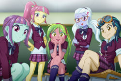 5girls blazer colored_skin green_skin hasbro indigo_zap jacket lemon_zest multicolored_hair multiple_girls my_little_pony my_little_pony:_equestria_girls my_little_pony:_friendship_is_magic pink_skin plaid_clothes plaid_skirt purple_skin school_uniform skirt sour_sweet sugar_coat sugarcoat sunny_flare tagme two-tone_hair uotapo vest yellow_skin