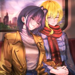 2girls alternate_costume black_hair blonde_hair blue_hair blue_jacket blunt_bangs blush brown_coat closed_eyes coat commentary denim denim_jacket heads_together highres holding_hands hololive hololive_english hololive_indonesia interlocked_fingers jacket jeans kaela_kovalskia lapels leather_coat locked_arms medium_hair mikkaif multiple_girls official_alternate_costume ouro_kronii ouro_kronii_(casual) pants red_lips red_scarf scarf shirt shirt_tucked_in sitting sleeping train_interior trench_coat turtleneck turtleneck_shirt virtual_youtuber white_shirt