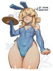 1boy alohapz animal_ears artist_name bare_shoulders blonde_hair blue_eyes blue_gloves blue_leotard bridget_(guilty_gear) bulge covered_navel crossdressing detached_collar elbow_gloves english_text fake_animal_ears from_below gloves guilty_gear guilty_gear_strive highleg highleg_leotard highres holding holding_tray leotard looking_at_viewer male_focus parted_lips playboy_bunny ponytail rabbit_ears sidelocks signature solo strapless strapless_leotard teeth thick_thighs thighs trap tray