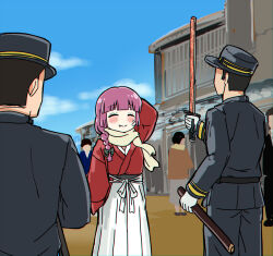 1girl ^_^ arm_behind_head arm_up bandage_on_face bandages blue_sky blunt_bangs blush bocchi_the_rock! bow chromatic_aberration closed_eyes closed_mouth cloud commentary_request cosplay day fang fang_out green_bow hair_bow hair_over_shoulder hakama himura_kenshin himura_kenshin_(cosplay) hiroi_kikuri japanese_clothes kimono long_hair low-braided_long_hair low-tied_long_hair outdoors people pink_hair red_kimono rurouni_kenshin scarf sky split_mouth torako_(toramaru) white_hakama yellow_scarf