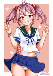 1girl absurdres animal animal_on_head artist_name badge blue_neckerchief blue_sailor_collar blue_skirt clothes_lift collarbone crop_top crotch_seam dated double_v food_print fruit_print grin hair_bobbles hair_ornament heart highres kamiya_tadato kantai_collection medium_hair navel neckerchief on_head panties pink_background pink_eyes pleated_skirt print_panties rabbit rabbit_on_head sailor_collar sazanami_(kancolle) school_uniform serafuku shirt short_sleeves skirt skirt_lift smile solo strawberry_panties strawberry_print twintails twitter_username underwear v white_panties white_shirt wind wind_lift