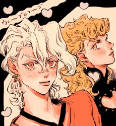 2boys absurdres adam&#039;s_apple bishounen black_jacket black_necktie blonde_hair blush clothing_cutout colored_eyelashes curly_hair double-parted_bangs earrings food-themed_earrings food_themed_earrings giorno_giovanna hair_between_eyes heart highres jacket jewelry jojo_no_kimyou_na_bouken looking_at_another looking_at_viewer male_focus medium_hair multiple_boys necktie okokoro_zaiku pannacotta_fugo pink_eyes pink_shirt shirt strawberry_earrings stud_earrings vento_aureo victory_rolls white_hair yaoi