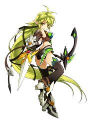 1girl antenna_hair ass bare_shoulders blonde_hair bow_(weapon) breasts dagger elf elsword fingerless_gloves game_cg gloves green_eyes highres knife long_hair medium_breasts official_art pointy_ears rena_erindel second-party_source simple_background smile solo trapping_ranger_(elsword) very_long_hair weapon white_background