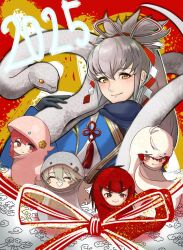 Rule 34 | 2025, 2boys, 3girls, animal costume, brown hair, chinese zodiac, female corrin (fire emblem), fire emblem, fire emblem fates, grey hair, high ponytail, hinoka (fire emblem), iwtb5572, multiple boys, multiple girls, nintendo, orange eyes, pink hair, ponytail, red hair, ryoma (fire emblem), sakura (fire emblem), snake costume, takumi (fire emblem), year of the snake