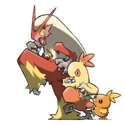 beak bird black_eyes blacknirrow blaziken blue_eyes bright_pupils claws colored_sclera combusken commentary creatures_(company) english_commentary evolutionary_line feathers full_body game_freak gen_3_pokemon hand_up looking_at_another nintendo no_humans open_mouth orange_eyes pokemon pokemon_(creature) simple_background standing standing_on_one_leg talons torchic white_background white_pupils wings yellow_sclera