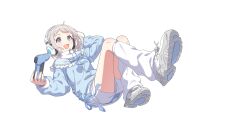 Rule 34 | 1girl, blue eyes, controller, frills, gakuen idolmaster, game controller, grey hair, headphones, highres, holding, idolmaster, katsuragi lilja, neck ribbon, official art, open mouth, promotional art, ribbon, shoe soles, transparent background, zipper